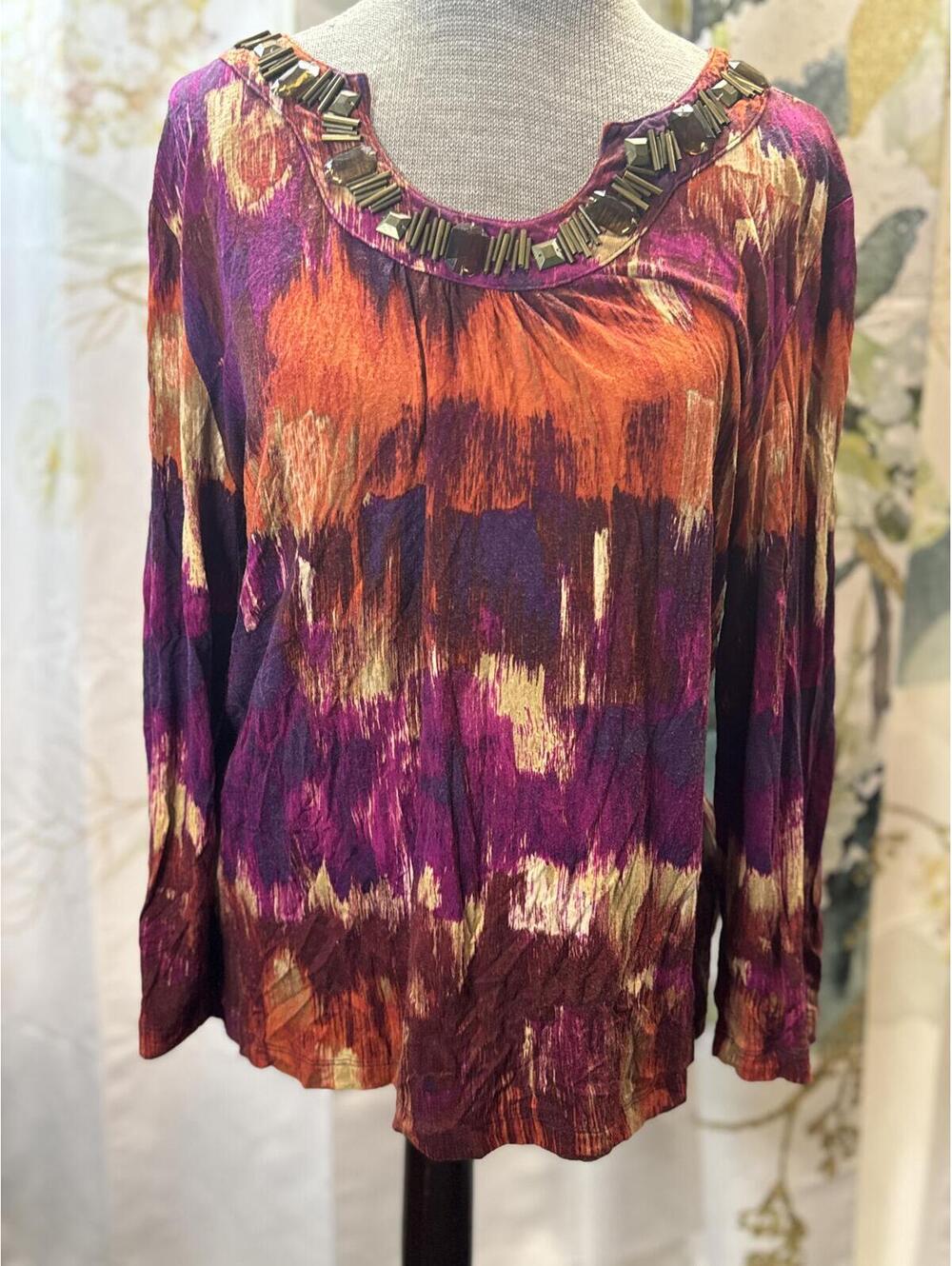 Ruby Rd. Women's Long Sleeve Beaded Neckline Abstract Print Top PM
